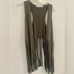 Festival Fourteen and 9th Fringe Sleeveless Vest Olive Faux Suede Size Large
